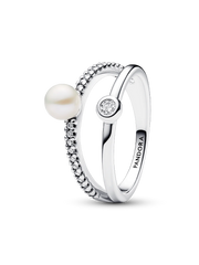 FINAL SALE - Treated Freshwater Cultured Pearl & Pavé Double Band Ring