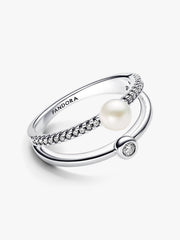 FINAL SALE - Treated Freshwater Cultured Pearl & Pavé Double Band Ring