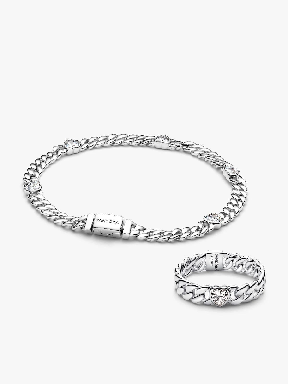 Silver Heart Cuban Chain Bracelet & Ring Set