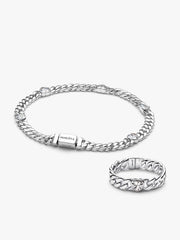 Silver Heart Cuban Chain Bracelet & Ring Set